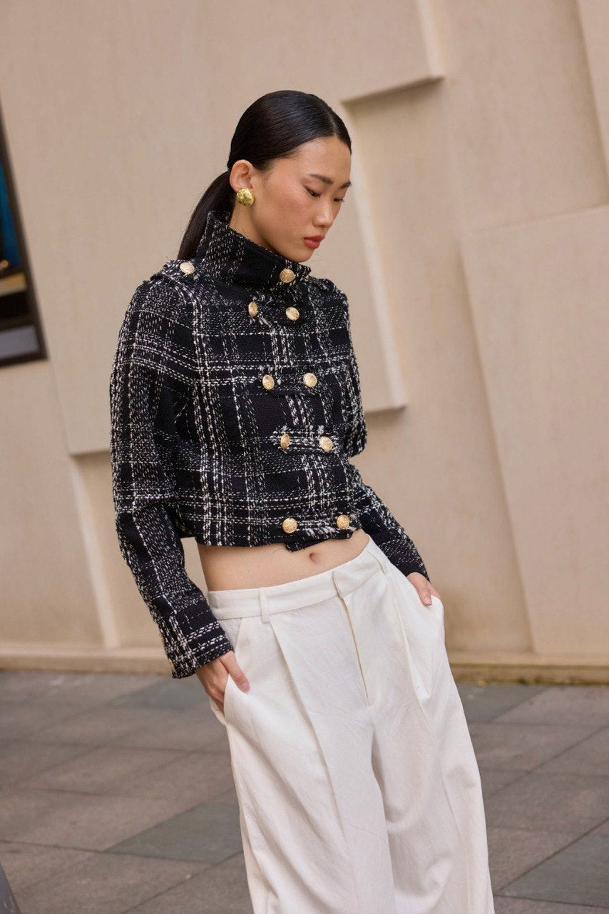 Cropped Black & White Plaid Tweed Double-Breasted Jacket with Gold Buttons