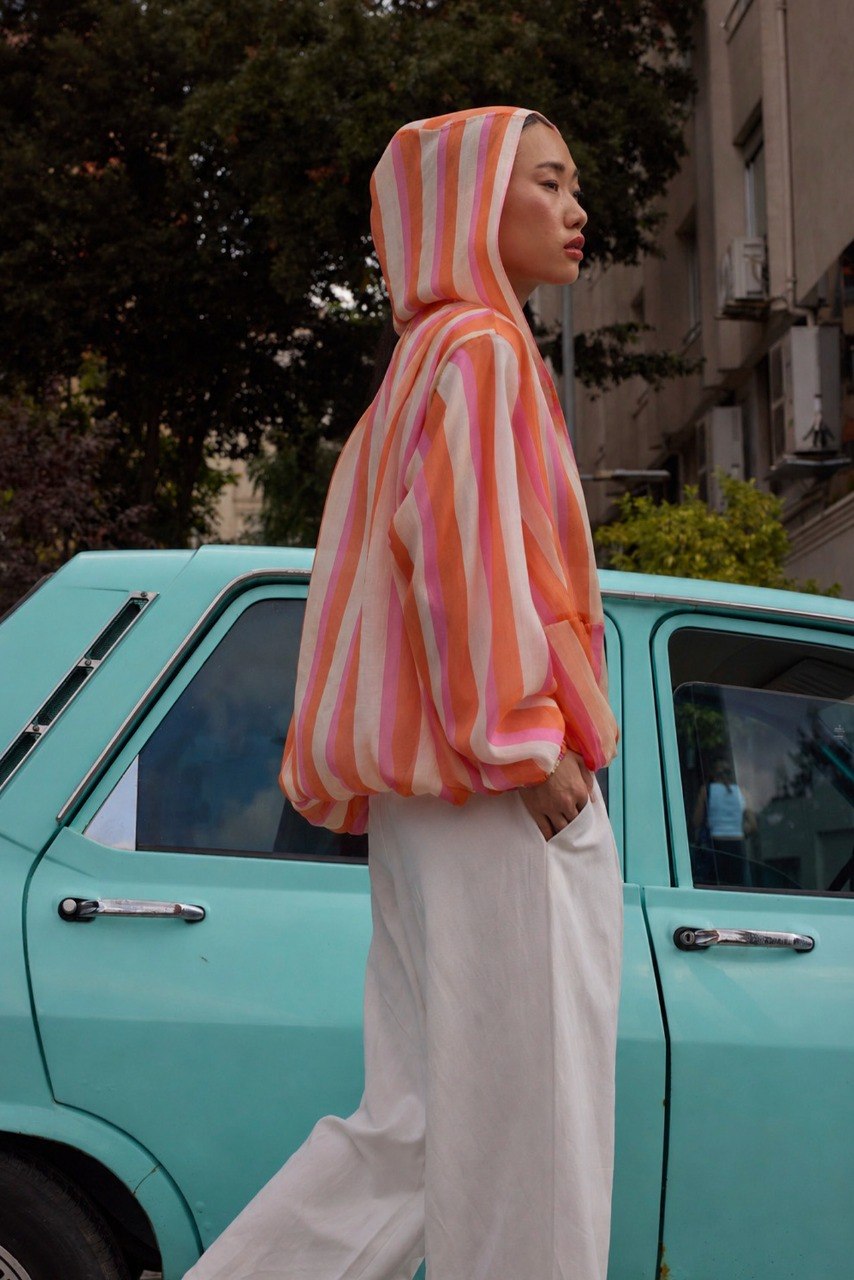 Orange & Pink Striped Lightweight Hooded Zip-Up Jacket