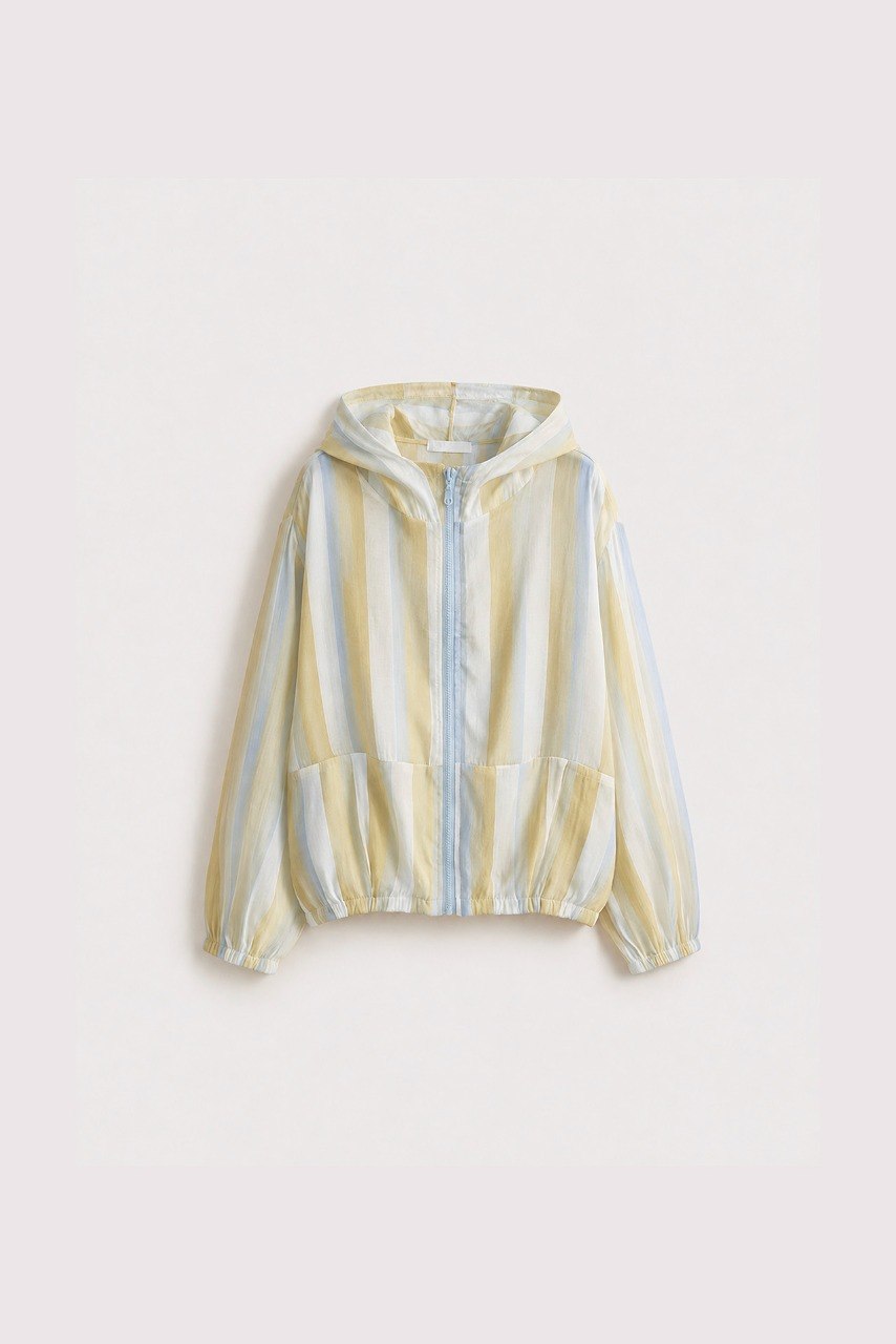 Pastel Yellow & Blue Striped Lightweight Hooded Zip-Up hodeed Jacket
