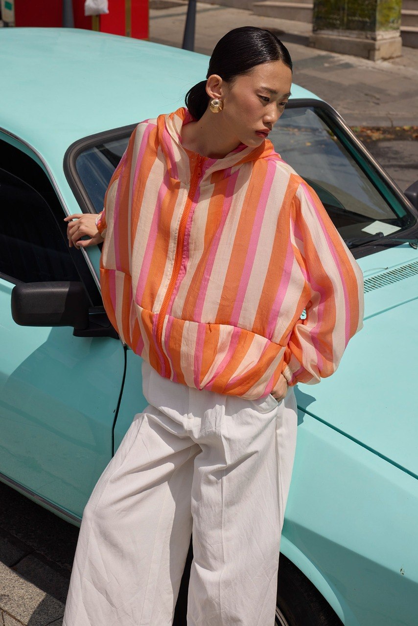 Orange & Pink Striped Lightweight Hooded Zip-Up Jacket