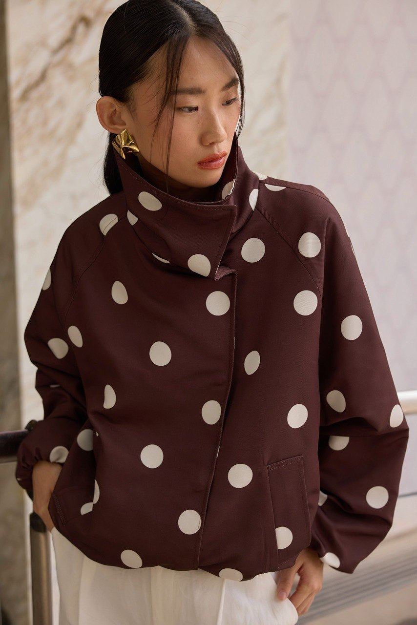 Chocolate Brown Polka Dot High-Neck Jacket