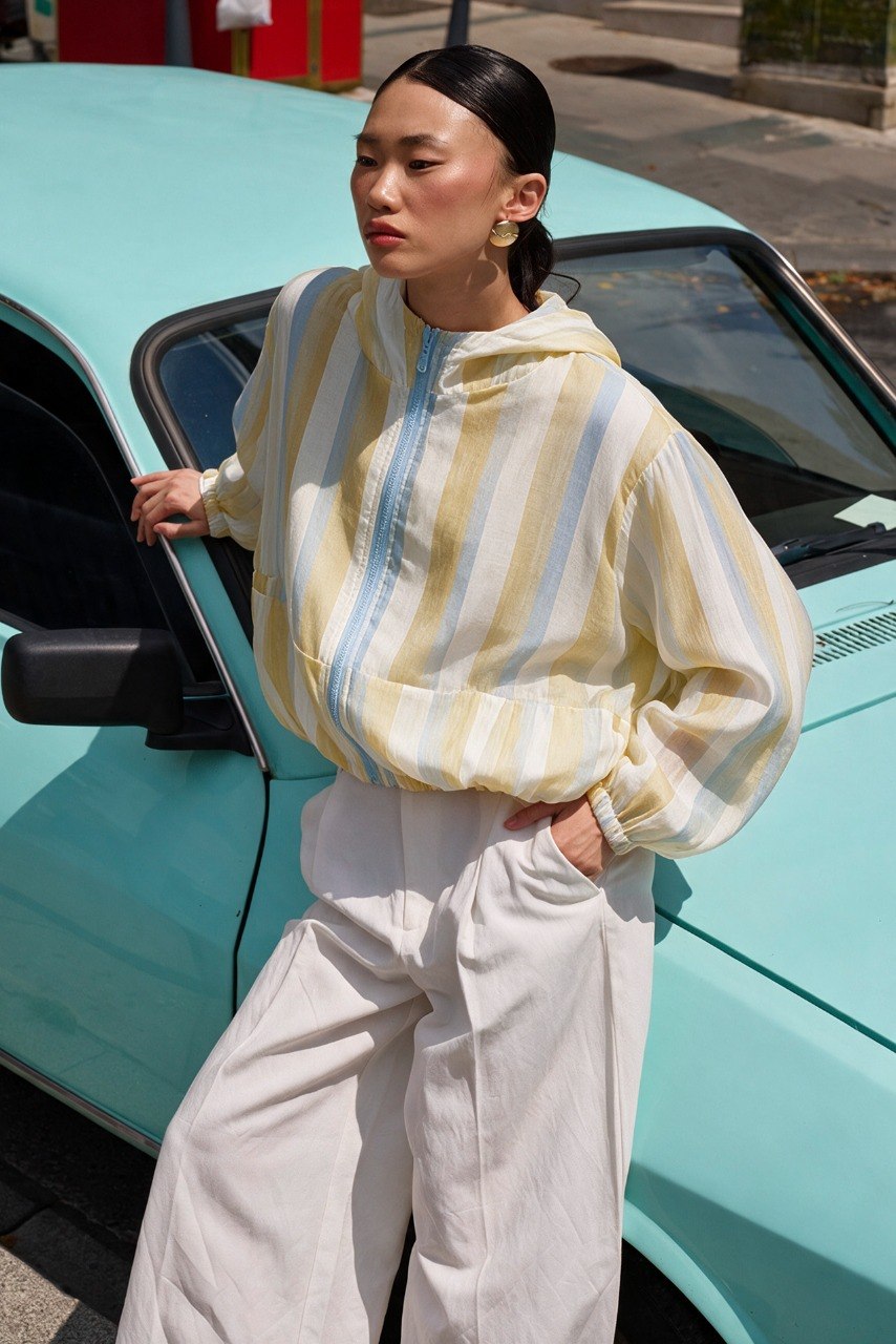 Pastel Yellow & Blue Striped Lightweight Hooded Zip-Up hodeed Jacket