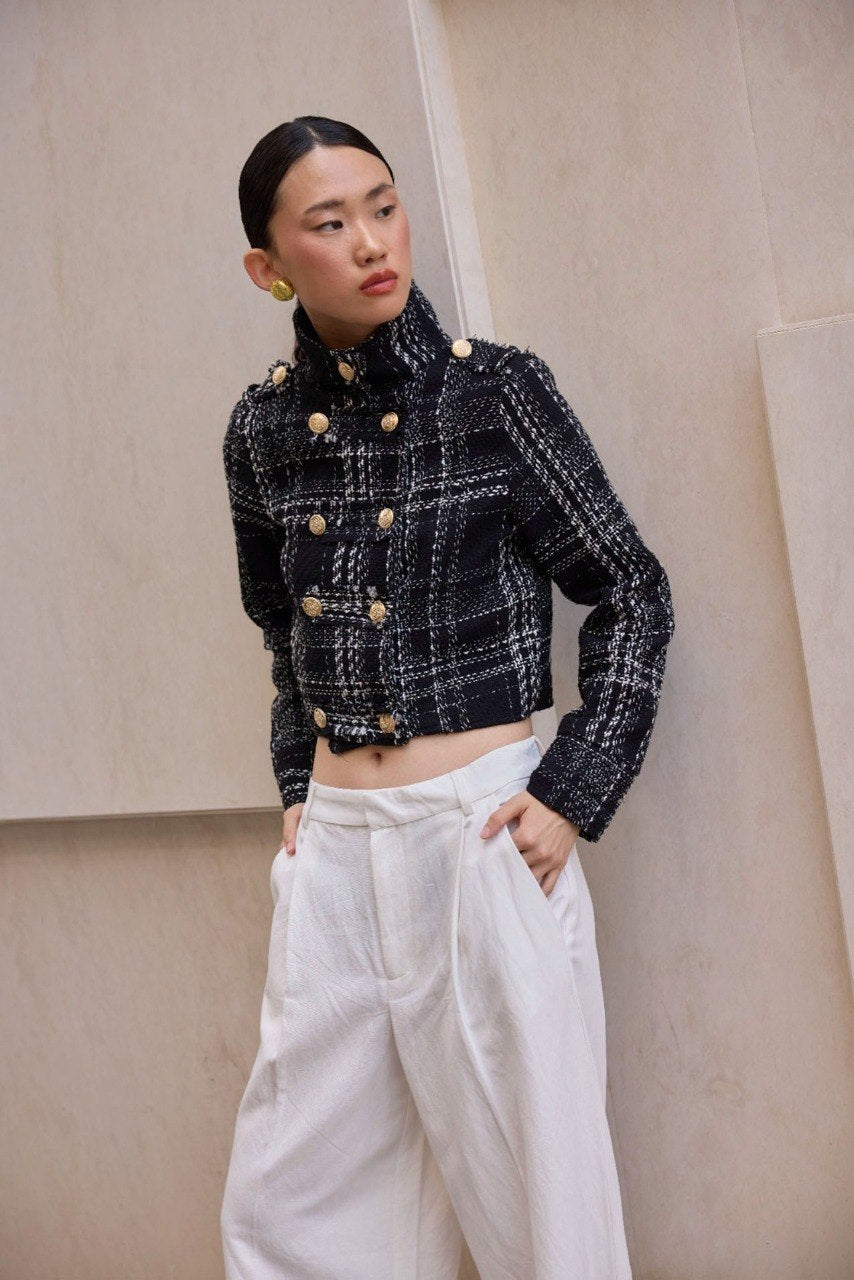 Cropped Black & White Plaid Tweed Double-Breasted Jacket with Gold Buttons