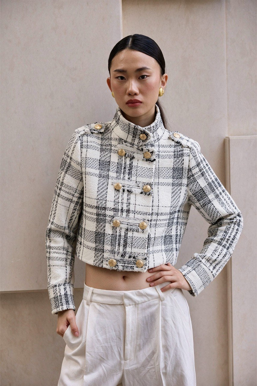 Cropped Black & White Plaid Tweed Double-Breasted Jacket with Gold Buttons