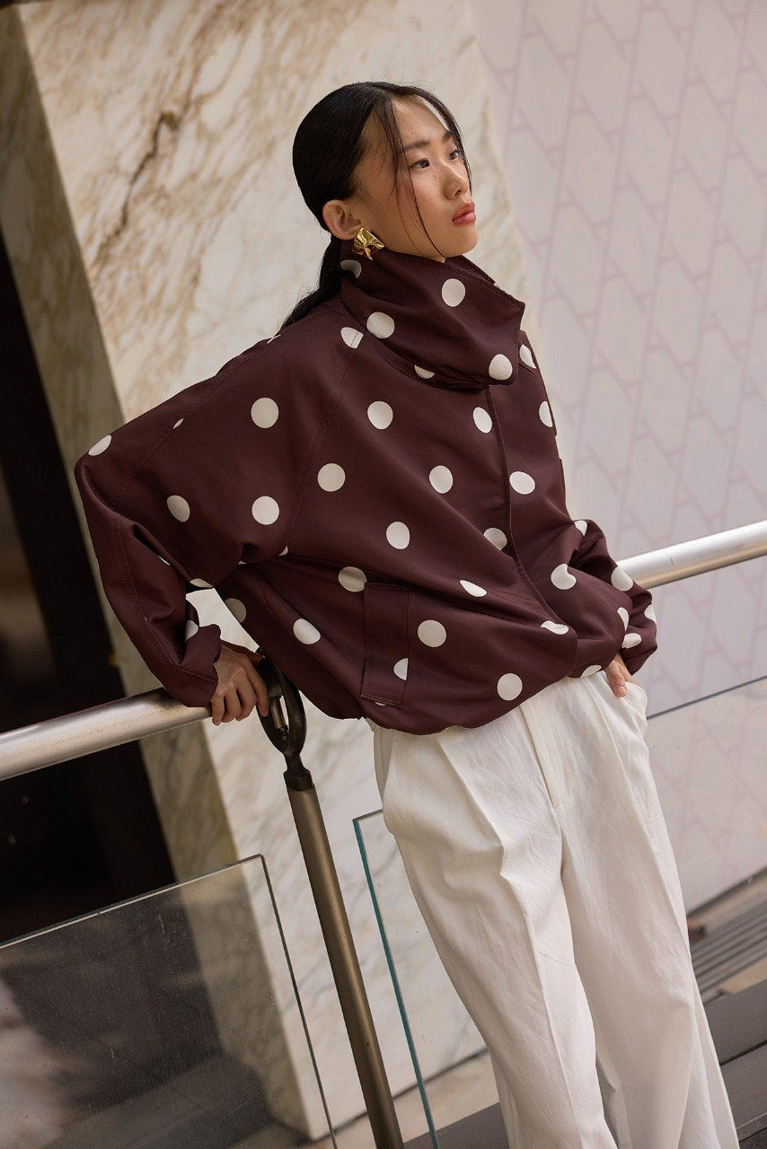 Chocolate Brown Polka Dot High-Neck Jacket